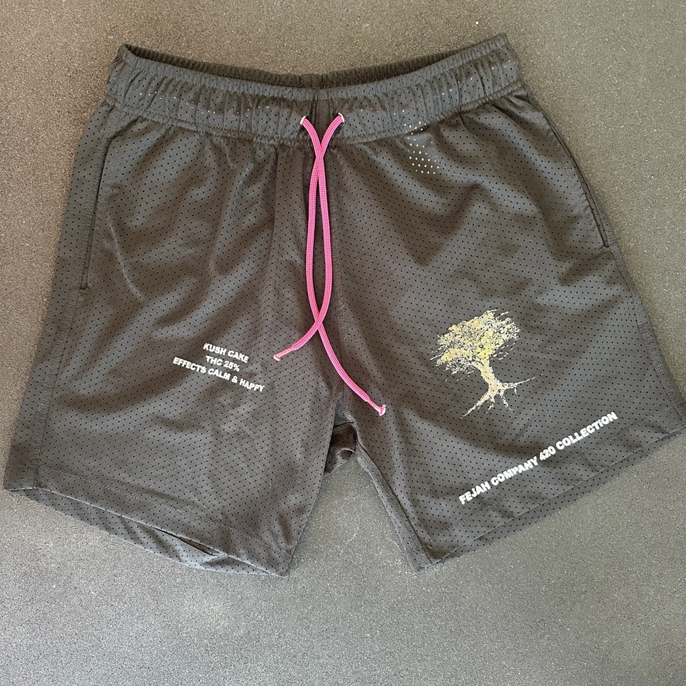 Black Mesh Shorts with Pink Drawstring